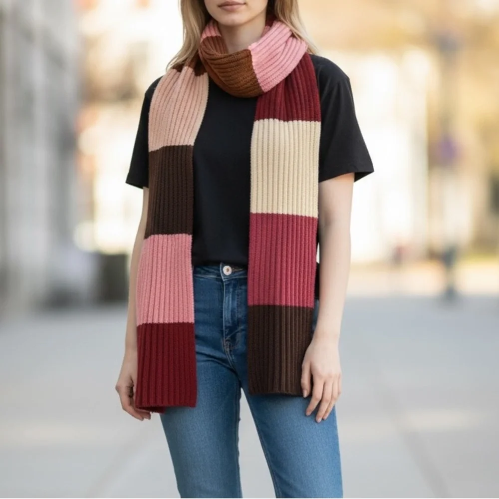 LONG RIBBED KNIT COLORBLOCK SCARF PINK BROWN CREAM RED